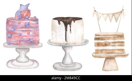 Wasserfarbener Kuchenclip Art, Geburtstagskuchen-Set Illustration, Backwaren Clipart, Food Element Print, Hochzeitseinladung, Kartendesign, Parteiobjekt Stockfoto