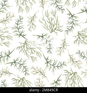 Ast in Aquarellgrün, nahtloses Muster, dezentes, grünes Wiederholpapier, Blumenhintergrund, Graspapier, Textildruck Stockfoto