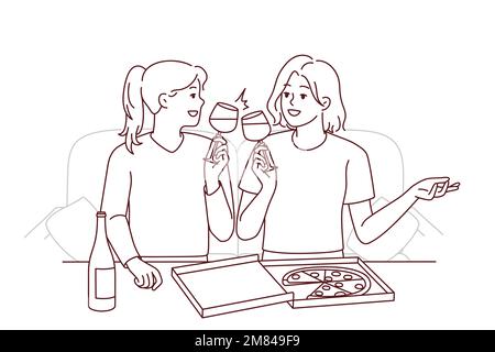 Glückliche junge Frauen sitzen zu Hause auf der Couch und essen Pizza und trinken Wein. Lächelnde Mädchen haben Spaß, gemeinsam Essen und Freizeit zu genießen. Vektorgrafik. Stock Vektor