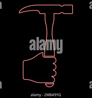 Neonhammer im Handwerkzeug Arm mit Arbeitskonzept rot Vektordarstellung Bild flache Leuchte verwenden Stock Vektor