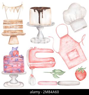 Aquarell Backset Clipart, Illustration für Backwaren, Kuchendruck, Kochkulinarisches Clipart, Kucheninhaltsstoffe, Küchenutensilien, Essen, Bäcker Stockfoto