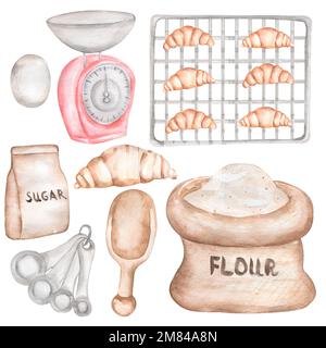 Aquarell handgezogenes Backset Clipart, Illustration von Backwaren, Kochkulinarisches Clipart, Küchenprodukte, Utensilien, Zutaten, Bäcker, Kekse Stockfoto