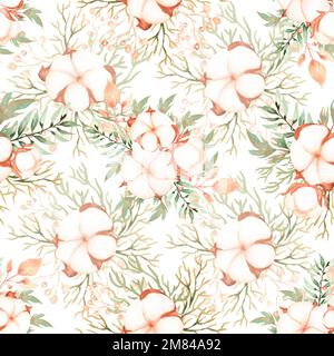 Nahtloses Baumwollmuster, handgezeichnetes, wässriges Grünpapier, zartes Floralpapier, Textildesign, Sammelalbum-Papier Stockfoto