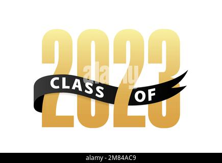 Klasse-2023-Schriftzug Gold Graduierung 3D-Logo mit Band. Design-Jahrbuch Vektordarstellung Stock Vektor