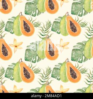 Tropisches Nahtloses Muster, handgezogenes tropisches Grün- und Blumenpapier in Aquarell, zarte Blumen und Papyaobst-Wiederholungspapier, Textildesign, sc Stockfoto