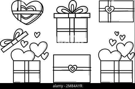 Handgezeichnete Ikonen Geschenke mit Herzen im Doodle-Stil. Cartoon Geschenkbox Set mit Schleifen. Geschenkpaket mit Liebe zum Valentinstag, Geburtstag, Hochzeit, Hochzeitstag. Stock Vektor