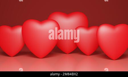 Red Hearts in Row Background (Red Hearts in Row Hintergrund). Valentinstag, Hochzeit, Muttertag Konzept. Stockfoto