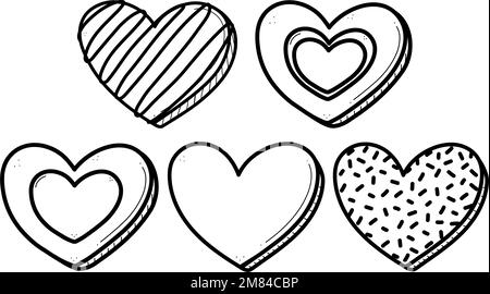 Zum Valentinstag dekoriertes Keksset. Lebkuchen-Herz-Kekse-Sammlung Vektordarstellung. Stock Vektor