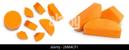 butternut-Squash-Scheibe isoliert auf weißem Hintergrund mit voller Schärfentiefe. Draufsicht. Flach liegend Stockfoto