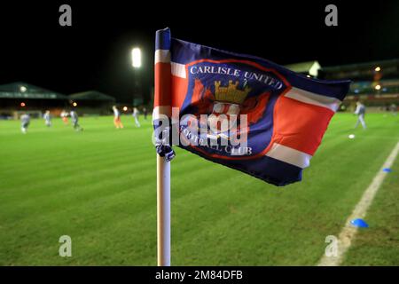 Aktenfoto vom 15-01-2020 der Eckflagge im Brunton Park, Heimat von Carlisle United, die enthüllten, dass Anschuldigungen rassistischer Gesänge während des Heimspiels gegen Bradford im letzten Monat von der Polizei und der EFL untersucht werden. Ausgabedatum: Donnerstag, 12. Januar 2023. Stockfoto