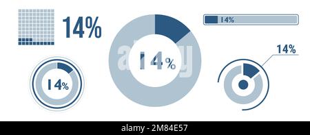Symbolsatz für zu 14 Prozent geladene Daten. Vierzehn Kreisdiagramm, Tortendiagramm, Fortschrittsbalken. Infografik zu 14 %. Vector Concept Kollektion, blau Stock Vektor