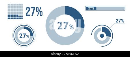 Symbolsatz für zu 27 Prozent geladene Daten. 27 Kreisdiagramm, Tortendiagramm, Fortschrittsbalken. Infografik zu 27 %. Vektorkonzeptsammlung, b Stock Vektor