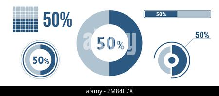 Symbolsatz für zu 50 Prozent geladene Daten. Fünfzig Kreisdiagramm, Tortendiagramm, Fortschrittsbalken. Infografik zu 50 %. Vektorkonzeptsammlung, blaue Farbe Stock Vektor