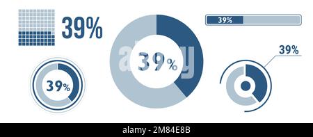 Symbolsatz für zu 39 Prozent geladene Daten. 39 Kreisdiagramm, Tortendiagramm, Fortschrittsbalken. Infografik zu 39 %. Vektorkonzeptsammlung, BL Stock Vektor