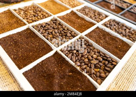 Nahaufnahme der Kaffeebohnen. Verschiedene Kaffeesorten. Vollkorn und gemahlener Kaffee auf der Theke im Geschäft. Stockfoto