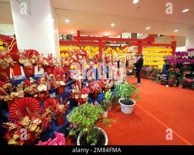 PEKING, CHINA - 12. JANUAR 2023 - Menschen sehen Blumen auf der Frühjahrsmesse "Jade Rabbit" im Intime Department Store in Peking, China, 12. Januar 20 Stockfoto