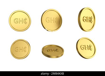 3D Set goldener ghanaischer Cedi-Münzen in verschiedenen Engeln auf weißem Hintergrund Stockfoto