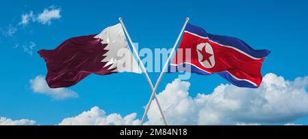 Zwei überkreuzte Flaggen Nordkorea und Katar, die im Wind am bewölkten Himmel winken. Beziehungskonzept, Dialog, Reisen zwischen zwei Ländern. 3D Illustration Stockfoto