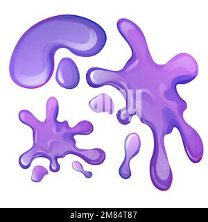 Sorgen Sie mit Tropfen im Cartoon-Stil, isoliert auf weißem Hintergrund, für einen glänzenden lila Schleim und klebrigen Splat. Vektordarstellung Stock Vektor