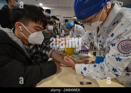 Fuyang, China. 12. Januar 2023. Eine Krankenschwester entnimmt einem jungen Mann Blut für ein paar Gesundheitschecks, bevor er ins Militär eingeliefert wird. Diese jungen Menschen wollen Soldaten werden, aber sie müssen sich strengen physischen und anderen Kontrollen unterziehen, bevor sie Soldaten werden können. Kredit: SOPA Images Limited/Alamy Live News Stockfoto