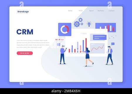 Landing-Page für Customer Relationship Management mit flachem Design. Abbildung für Websites, Landing-Pages, mobile Anwendungen, Poster und Banner. Stock Vektor