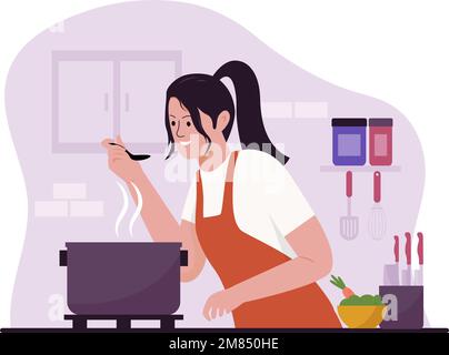 Koch Frau kocht Illustration Designkonzept. Abbildung für Websites, Landing-Pages, mobile Anwendungen, Poster und Banner. Trendiger Flachvektor Stock Vektor