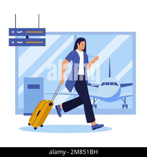 Flaches Design einer Frau, die den Flug verpasst hat. Abbildung für Website, Landing-Page, mobile App, Poster und Banner. Trendige flache Vektordarstellung Stock Vektor