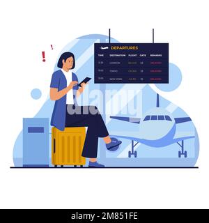 Entwurfskonzept für verspätete Flugdarstellung. Abbildung für Website, Landing-Page, mobile App, Poster und Banner. Trendige flache Vektordarstellung Stock Vektor