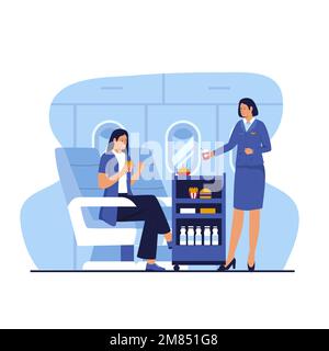 Die Flugbegleiter bedienen die Passagiere im Flugzeug. Abbildung für Website, Landing-Page, mobile App, Poster und Banner. Stock Vektor