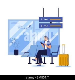 Passagiere, die im Flughafenterminal sitzen und auf den Flug warten. Abbildung für Website, Landing-Page, mobile App, Poster und Banner. Stock Vektor