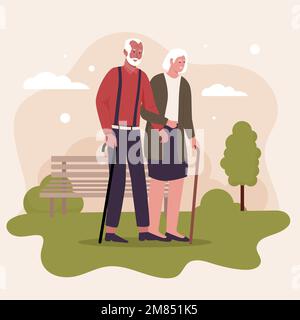 Ältere Ehepaare auf einem Spaziergang im Freien. Abbildungen für Websites, Landing-Pages, mobile Apps, Poster und Banner. Trendige flache Vektordarstellung Stock Vektor