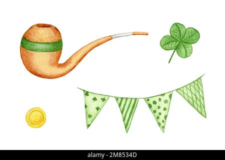 Aquarellelemente Für St. Patricks Tag. Abbildung isoliert auf weißem Hintergrund. Klee, Raucherlilie, Münzen und Flaggen. Stockfoto