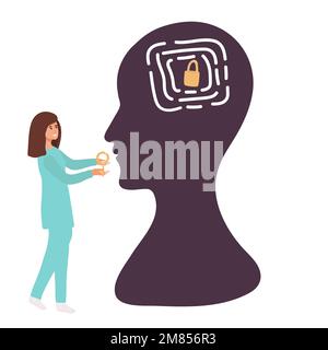 Ein Mann und eine Frau in einer Silhouette, mit Zahnrädern oder Zahnrädern, die in ihrem Gehirn arbeiten, Labyrinth, der Schlüssel dazu, Stock Vektor