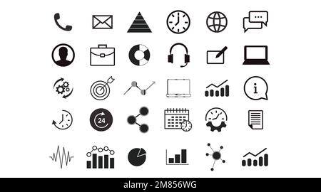 Symbolsatz für Arbeit und Produktivität. Vector Isolet Sammlung von arbeitsbezogenen Schwarz-Weiß-Illustrationen Stock Vektor