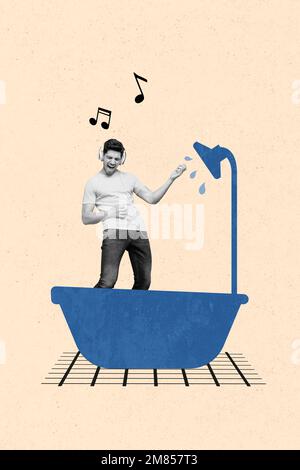Collage 3D Bild eines Pinup Pop Retro-Skizzen eines flippigen, lustigen Mannes, der unter der Dusche duscht und Lieder hört, isolierter Malhintergrund Stockfoto