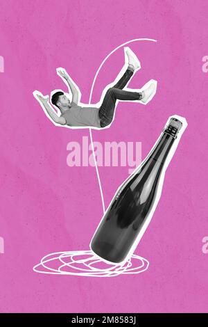 Fotoskizze Collage Grafik Kunstwerk Bild eines süchtigen Typen, der Alkohol in die Flasche fällt isolierter Zeichnungshintergrund Stockfoto