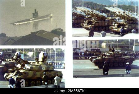 Beispiele für sowjetische Militärausrüstung, die an Kunden der Dritten Welt exportiert wurde, sind: Im Uhrzeigersinn von oben links; Angriffs-U-Boote der Romeo-Klasse, Boden-Luft-Raketensysteme SA-6, Hauptkampfpanzer T-72 und selbstfahrende Flugabwehrwaffen der ZSU-23-4. Land: Unbekannt Stockfoto