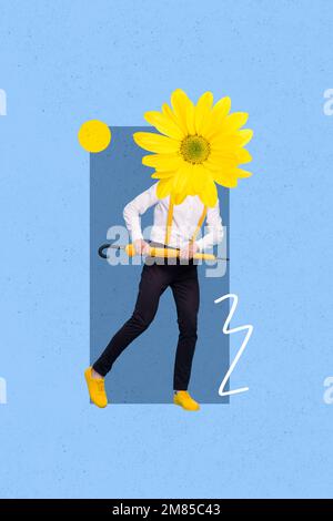 Vertikales Collagenbild von überfreulichen Armen hält Schirm große Sonnenblume statt Kopf isoliert auf lackiertem Hintergrund Stockfoto