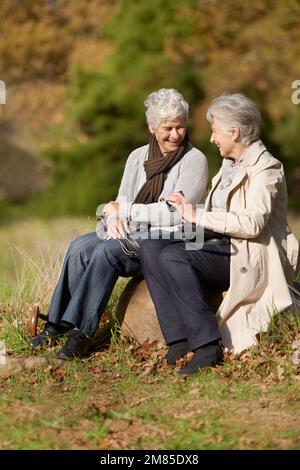 Genießen Sie einen Nachmittag im Freien. Glückliche ältere Frauen verbringen Zeit zusammen im Freien. Stockfoto