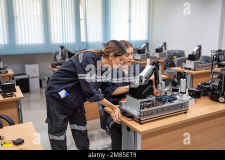 Ingenieurin sitzt im Roboterfabrikationsraum und prüft die Qualität der elektronischen Steuerplatine Stockfoto