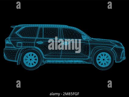 Holographische Smart-Car-Schnittstelle, digitale Projektion auf blauem Hintergrund, 3D-Rendering Stock Vektor