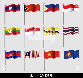 ASEAN. Verband der Südostasiatischen Nationen und Mitgliedschaft. Wehenden Fahnen Design. Südostasien Karte Hintergrund. Vektor. Stock Vektor