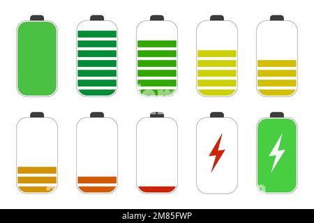 Symbole der Akku-Ladeanzeige. Ladezustand des Telefons, Farbaufnahme der Ladung. Entladene und voll aufgeladene Batterie. Batterieladung von hoch Stock Vektor