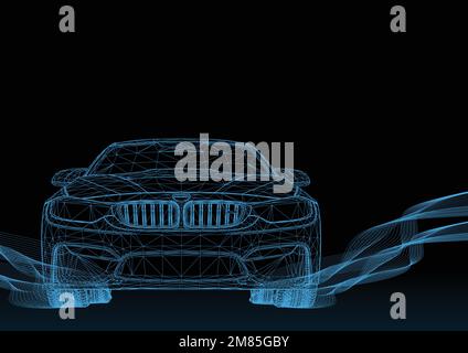 Holographische Smart-Car-Schnittstelle, digitale Projektion auf blauem Hintergrund, 3D-Rendering Stock Vektor