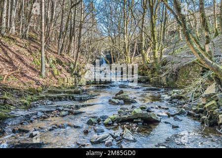 Kaskaden auf Bow Lee Beck führen zum Summerhill Force Wasserfall im Hintergrund. Stockfoto