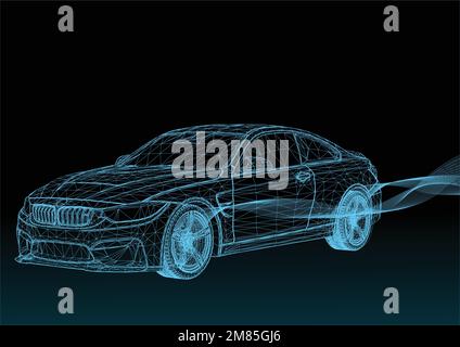 Holographische Smart-Car-Schnittstelle, digitale Projektion auf blauem Hintergrund, 3D-Rendering Stock Vektor