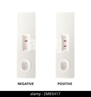Antigen-Schnelltestkassette für Covid-19-Isolat mit positivem und negativem Ergebnis Stockfoto