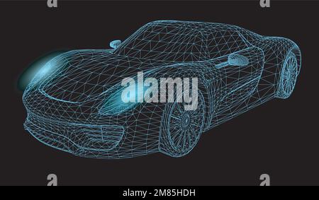Holographische Smart-Car-Schnittstelle, digitale Projektion auf blauem Hintergrund, 3D-Rendering Stock Vektor