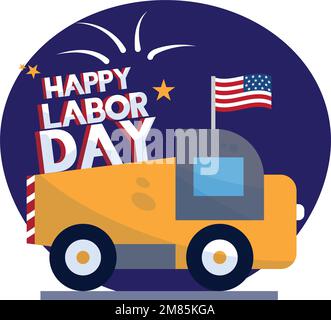 Farbiges Poster zum Arbeitstag mit Vektor für Lkw-Fahrzeuge Stock Vektor