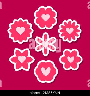 Set mit pinkfarbenen Blumenaufklebern. Verschiedene romantische Vektorblütensymbole für Aufkleber, Etiketten und Valentinstag Stock Vektor